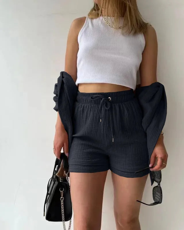 Short Sets Women Tracksuit Single Breasted Cardigan Blouses Two Pieces Shorts Loose Button High Street Solid Pockets Folds