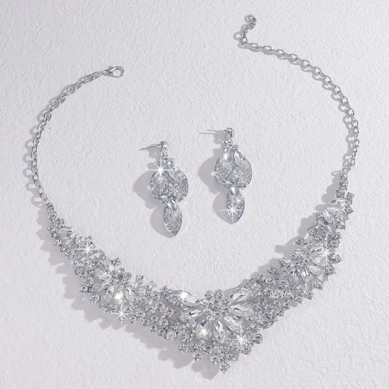 Wedding Bride Necklace Earrings Set Luxurious Simple Flower Rhinestone Clavicle Chain Necklace Eardrop Party Banquet Accessories