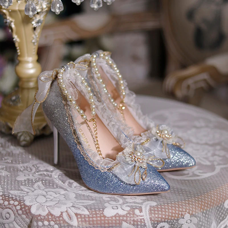 Lolita High Heels One Night Story Lolita Shoes Shiny Pointed High Heels Flower Wedding Ceremony 18 Year Old Slim Heels