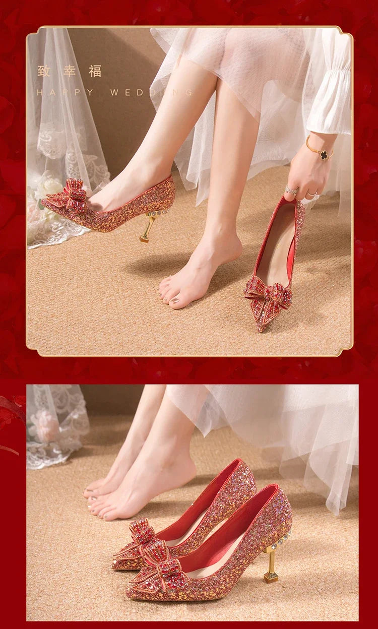 Women's Rhinestone Wedding Shoes New Year Shoes Luxury Buckle Decorative Banquet Women's Shoes High Heels Gold Silver Red