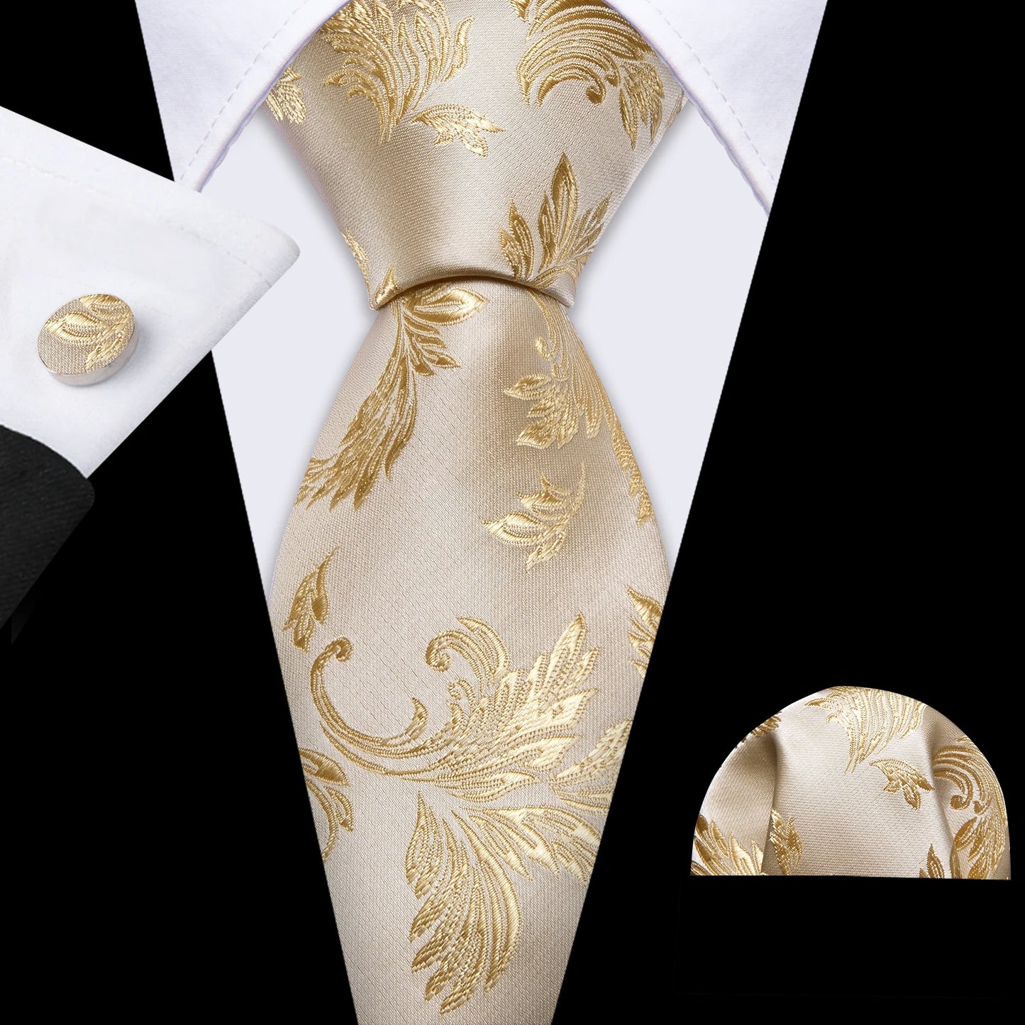 Barry.Wang Gold Beige Yellow Brown Tulip Silk Men Tie Handkerchief Cufflink Set Jacquard Necktie for Male Wedding Business Party