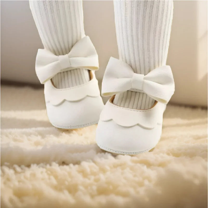 VALEN SINA 0-18 Months Newborn Girl White Baptism Shoes Bow Non-slip Rubber Soft-Sole Flat PU First Walker Mary Janes