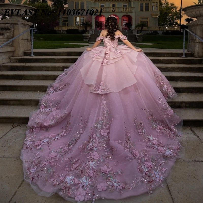 EVLAST Customized Pink Quinceanera Dress Ball Gown 3D Floral Applique Beading Tiered Corset Sweet 16 Vestidos De XV 15 Anos SQ88