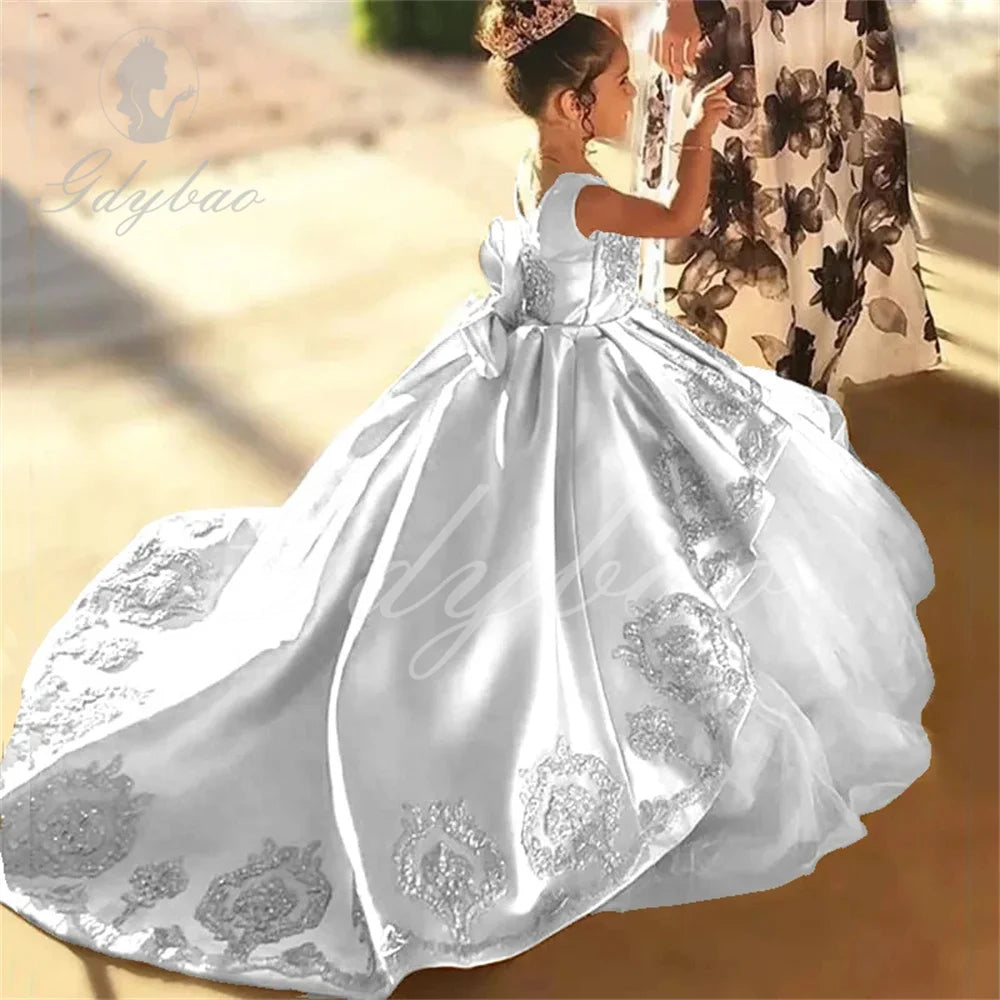 High Quality First Communion Dresses Kids Evening Ball Gown Gold Applique Bow Girls Pageant Dress Satin Tulle Flower Girl Dress
