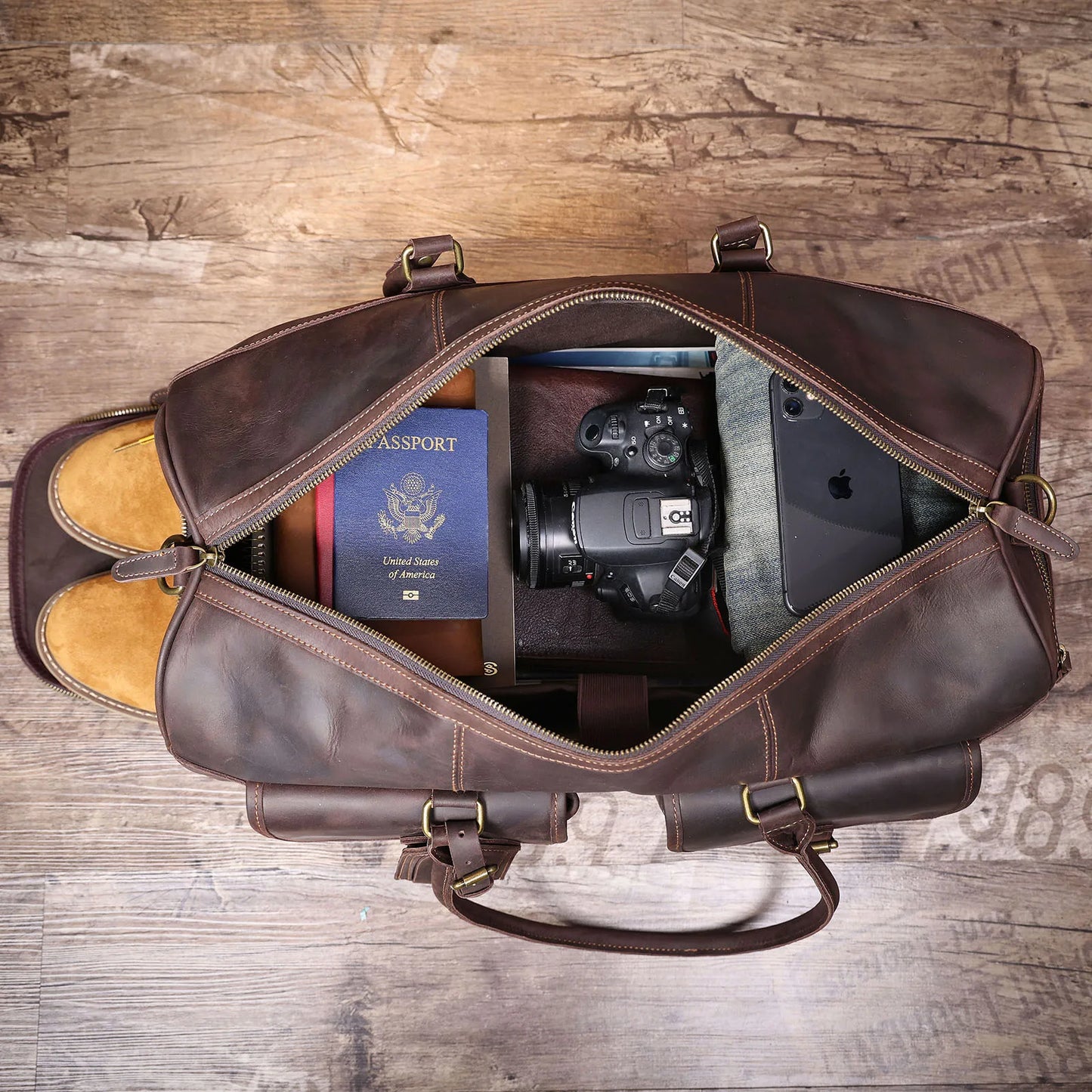 S.WORKER Vintage Genuine Leather Travel Bag Crazy-horse Cowhide Leather Duffel Bag Handicrafted Weekender Bag Gym Bag