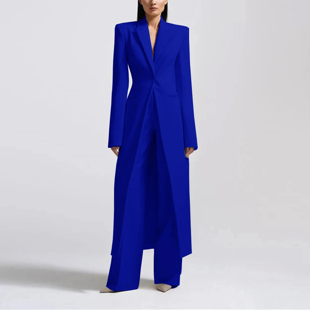 Fashion Beige Women's Blazer PantsSuit Peak Lapel Long Coat Wedding Formal Suits Office Lady Jacket Pant 2 Piece