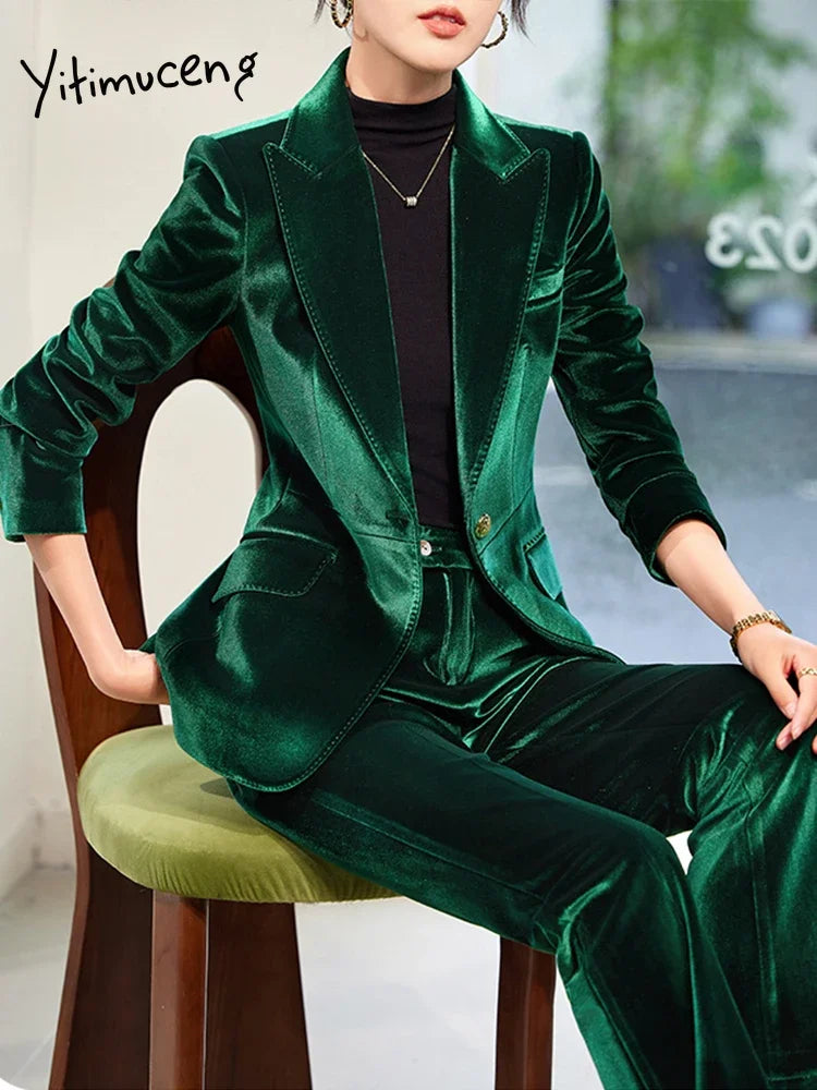 Yitimuceng 2025 New Fashion Office Women Two Piece Set of Fashionable Slim Fit Single Button Long Sleeved Women Long Pants Set