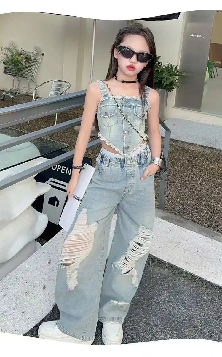 Girl Summer 2025 Halter Vest Ripped Wide-Leg Pants Two-Piece Set Kids Casual Harbor Flavor Simple Style
