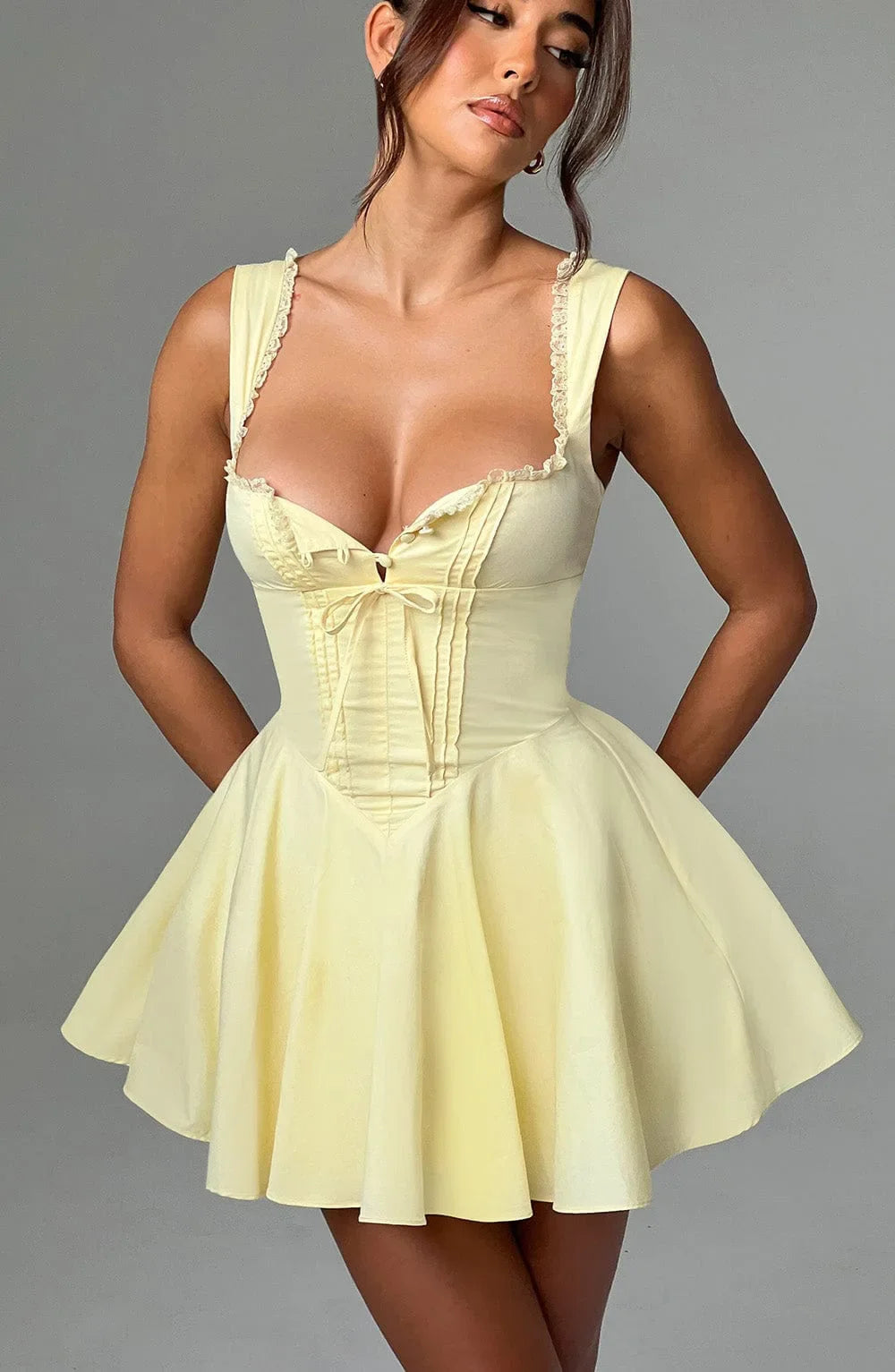 Women's Hot Girl Sweetheart Neck Dress Sexy Lace Splicing A-Line Dress 2025 Spring Summer Female Sweet Girl Solid Color Dress