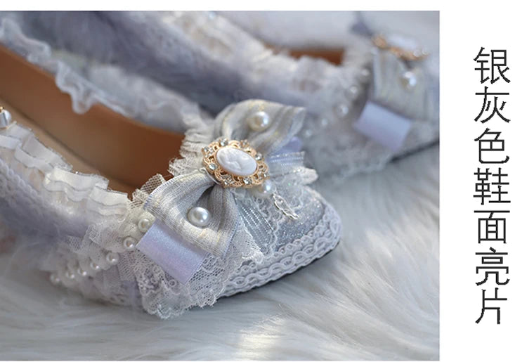 Original Handmade Lolita High Heels Heavy Industry Feather Stitching Pearl Bow Lace Platform Shoes Round Head Princess Heels