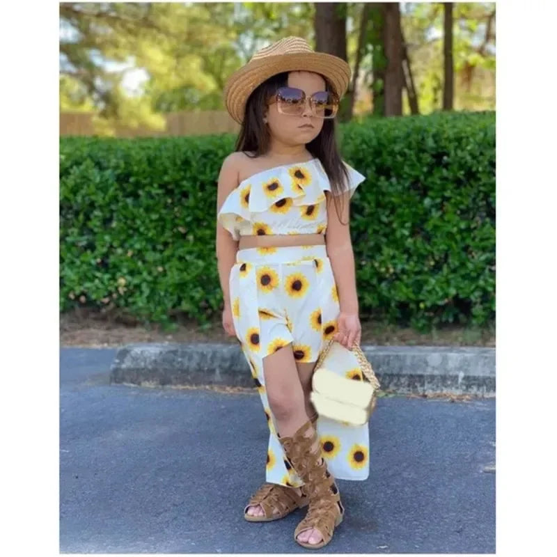 Kids Girls Clothing Sets Floral Print Off Shoulder Crop Top and Culotte Skirt Suits ( Not Include Hats, Bags,Glasses)