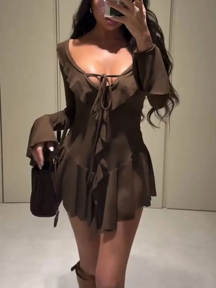 Tossy Ruffled Lace-Up White Mini Dress Women's V-Neck Patchwork Long Sleeve Sexy Slim Dress Bandage Elegant Female Summer Dress