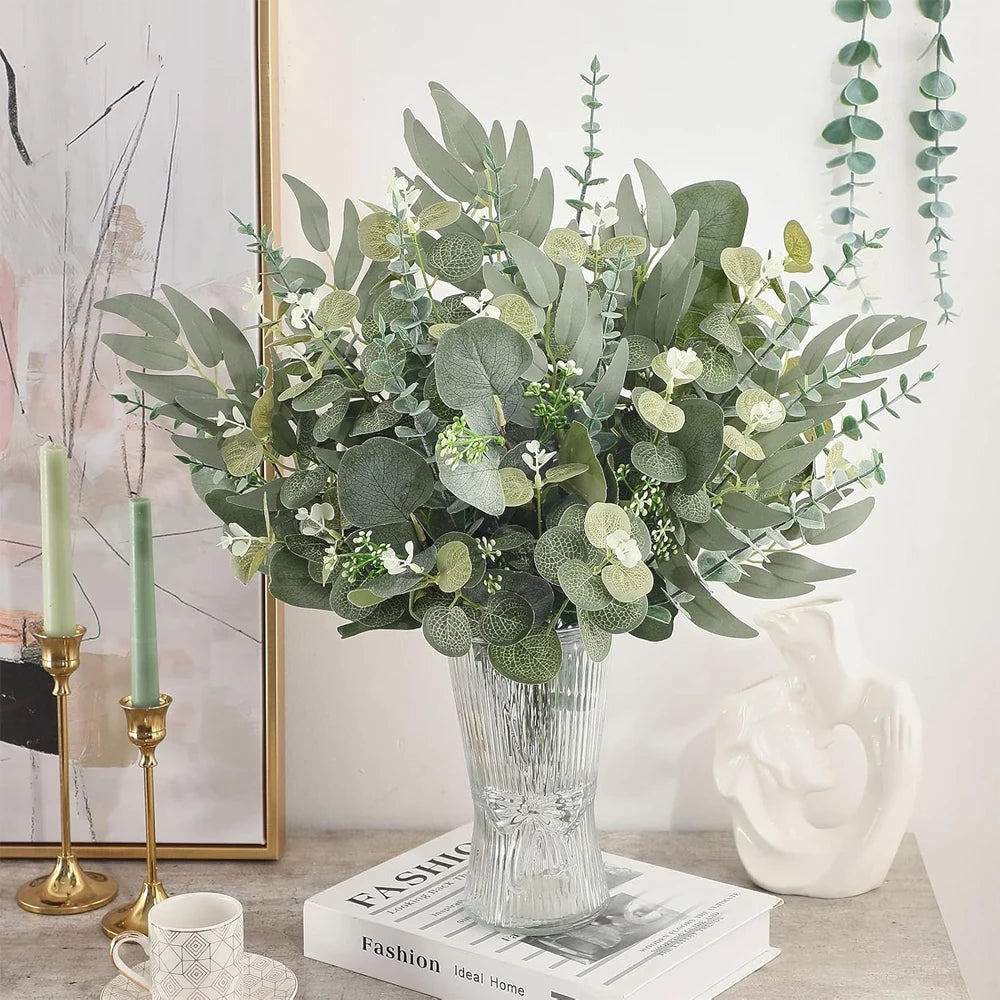 20pcs Artificial Mixed Eucalyptus Leaves Stems Silver Dollar Leaves for DIY Bouquets Floral Arrangement Home Decor Wedding