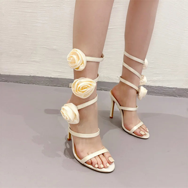Liyke Elegant Women Wedding Banquet Shoes Fashion Silk Flowers Designer Sandals Female Open Toe Slip On Ankle Strap High Heels