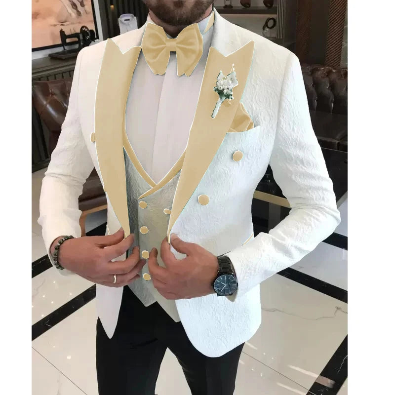 Men Wedding Suits 2024 Formal White Jacquard Men Suit Set Slim Fit Groom Tuxedos Groomsman Blazer Suits For Men 3 Piece