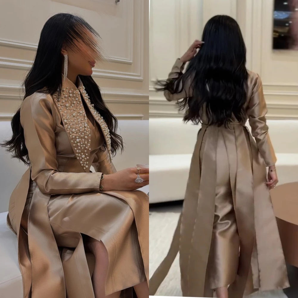 Customized s Pearls Beading Tassel Prom A-line High Collar Bespoke Occasion Gown Midi Dresses