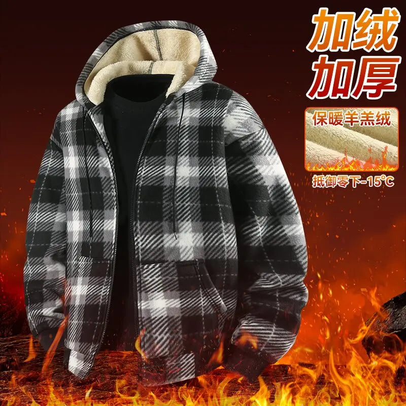 Winter Fashionable Trendy Grid Thickened Warm Lamb Fleece Jacket for Men's Casual Loose Sports Large Size High Quality Jacket
