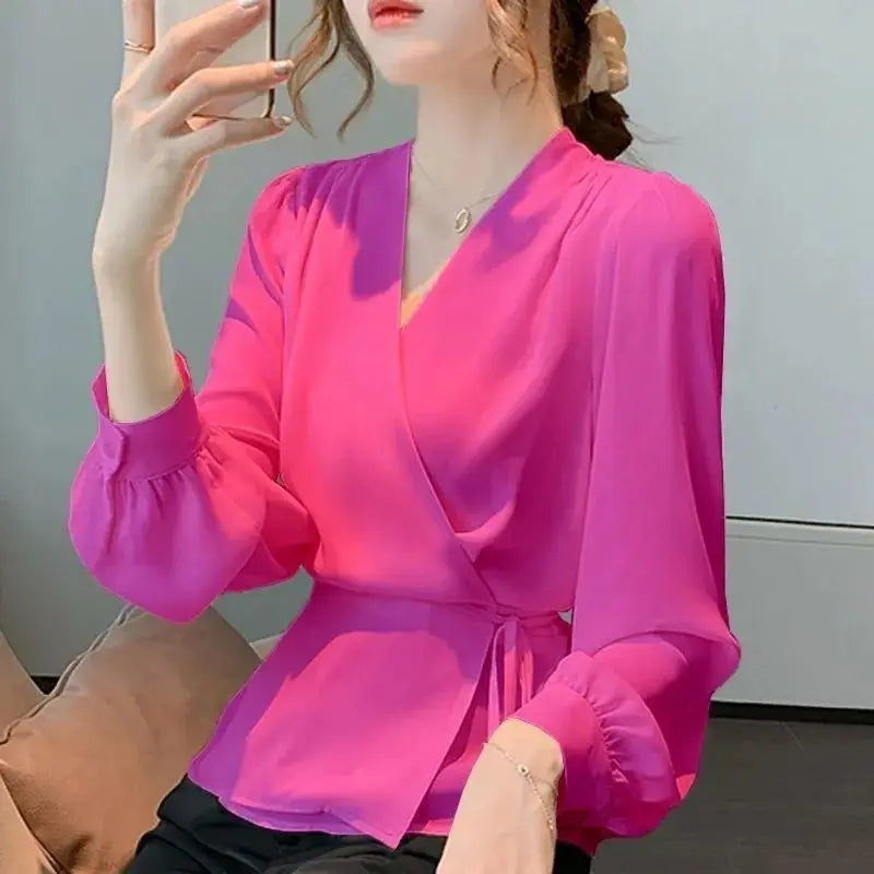 Stylish V-Neck Solid Color All-match Bandage Chiffon Shirt Women's Clothing 2025 Spring New Loose Korean Tops Irregular Blouse