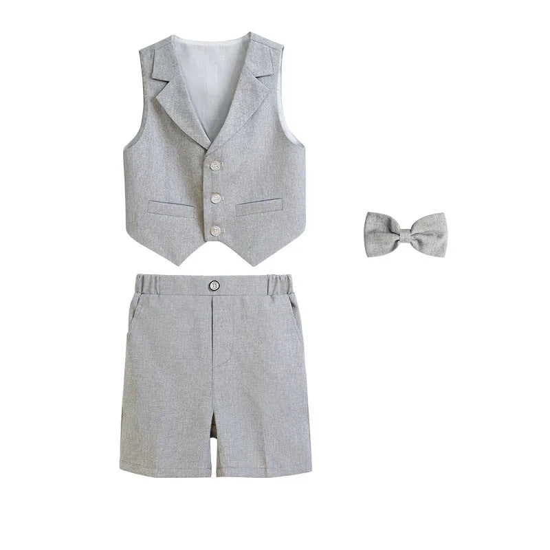 Boys Summer Vest Dress 3Pieces/Set Vest Shorts Bowtie Photograph Suit School Performance Clothing Set Children Wedding Custome