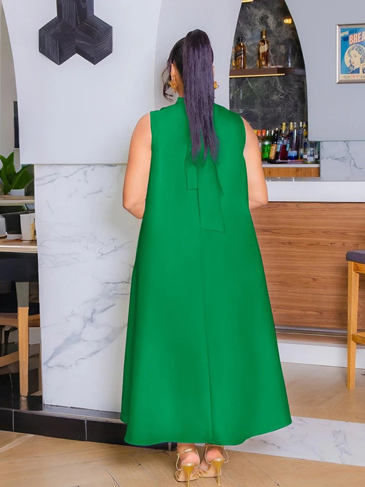 Woman African Traditional Dresses Summer Elegant Sleeveless Dress Stretchy Fake Silk Midi Dresses Luxury Wholesale Dropshipping