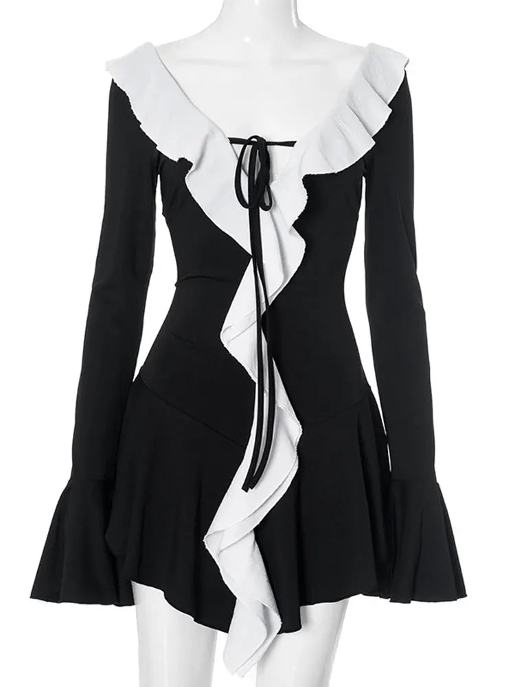 Tossy Ruffled Lace-Up White Mini Dress Women's V-Neck Patchwork Long Sleeve Sexy Slim Dress Bandage Elegant Female Summer Dress