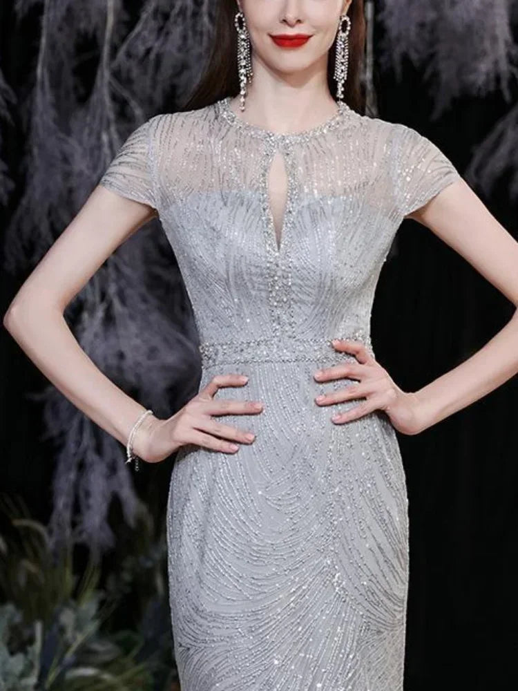 Customized O-neck Sequined Slim Fit Simple Elegant Evening Dresses Sleeveless Wedding Party Vestidos Temperament Elegant Trumpet