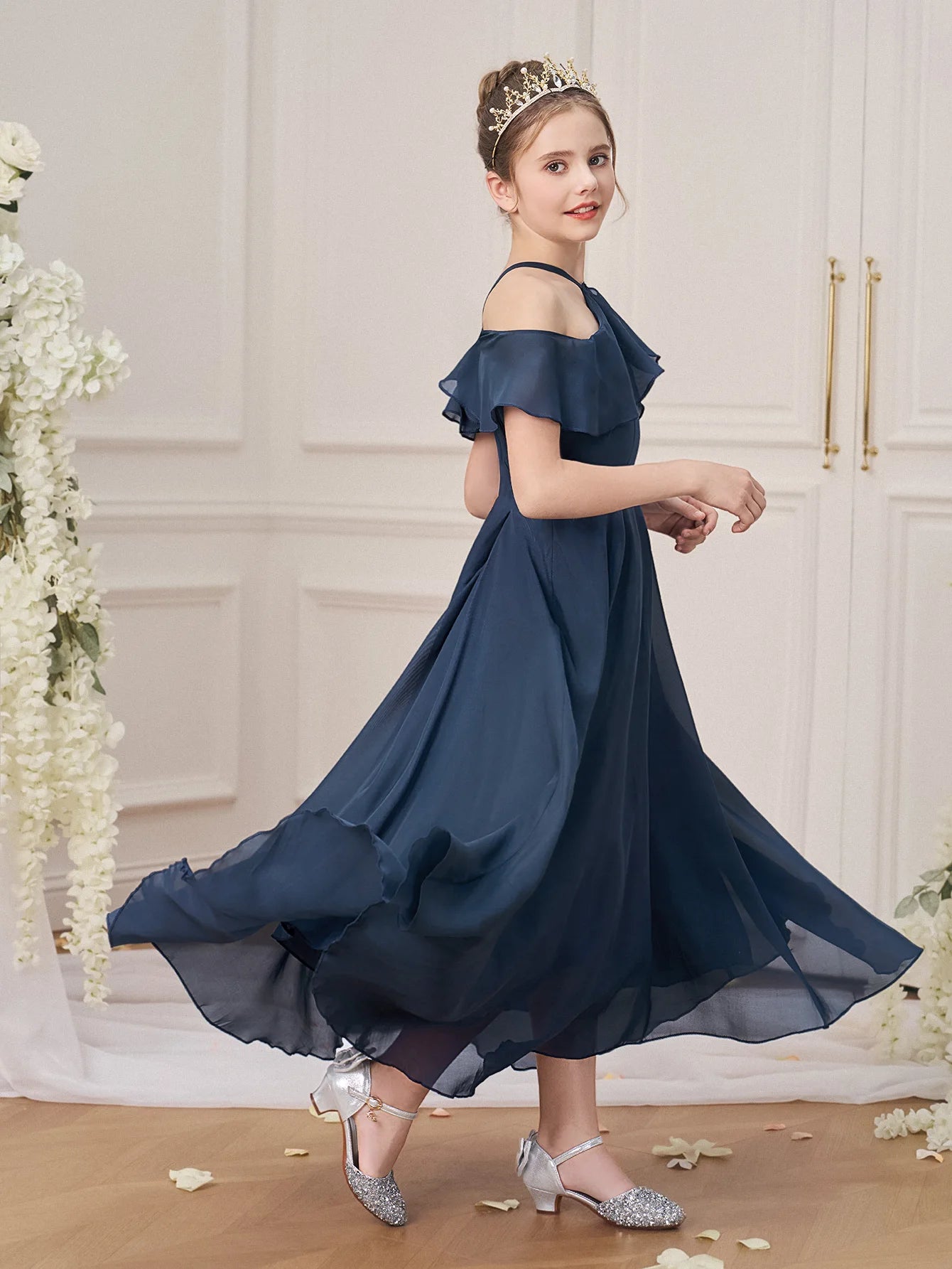 Ruffle Girls Party Bridesmaid Strap Dress off Shoulder Long Wedding Princess Prom Dresses Kids Elegant Beach Birthday Evening