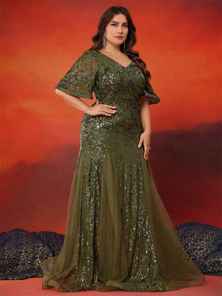 BLUEPLUM Plus Size Elegant Short Sleeves Sequin Evening Dresses For Women Mermaid Formal Bridesmaid Party Maxi Prom Dress Gown