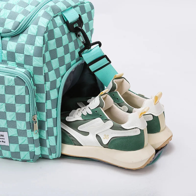 Fashion Large Capacity Checkerboard Pattern Duffle Handbag, Lightweight Travel Luggage Storage Bag, Portable Sports Fitness Bag
