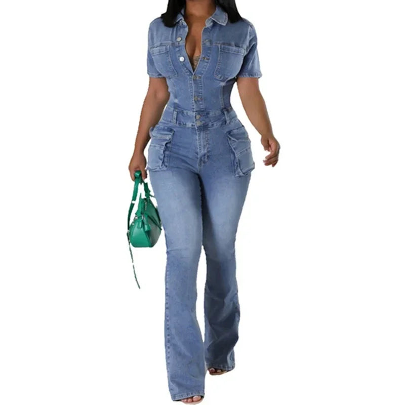 Casual Slim Short Sleeve Stretch Stir Fried Floral Washed Denim Jumpsuit Jeans Playsuit Cotton Flared Pants Jump Suit Overalls