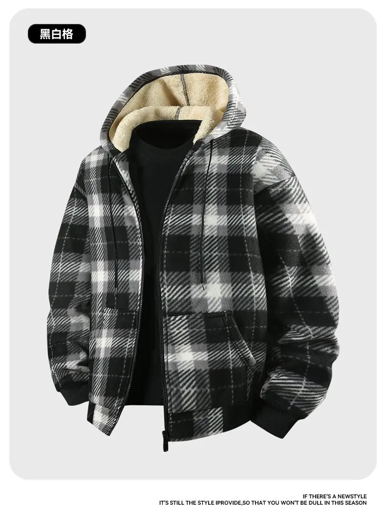 Winter Fashionable Trendy Grid Thickened Warm Lamb Fleece Jacket for Men's Casual Loose Sports Large Size High Quality Jacket