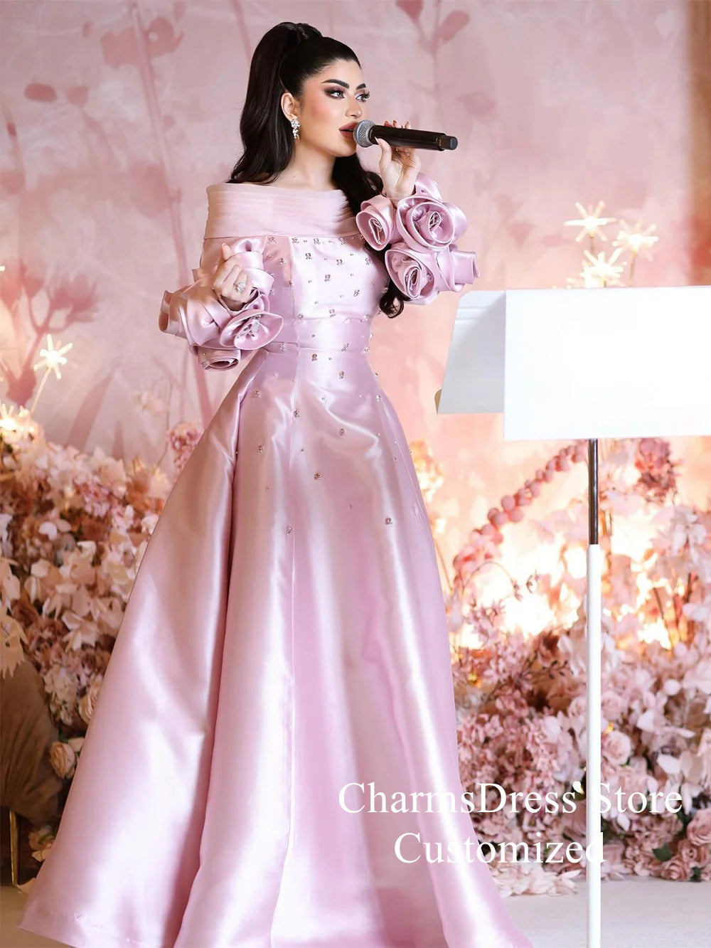 Pink Arabic Evening Dress Customized Boat Neck Flowers Long Sleeves Crystal A Line Satin Prom Gown Special Occasion Dresses