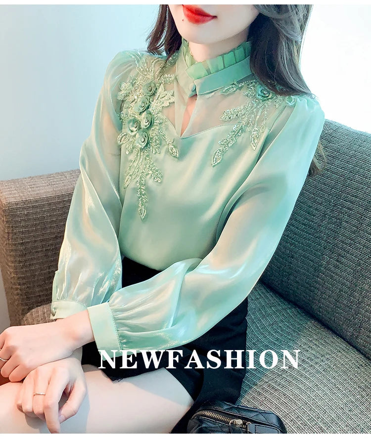 H Han Queen Elegant Autumn Shirt Embroidery Beads Chiffon Simple Office Blouse Loose Tops Long Sleeve Casual Blouses Women