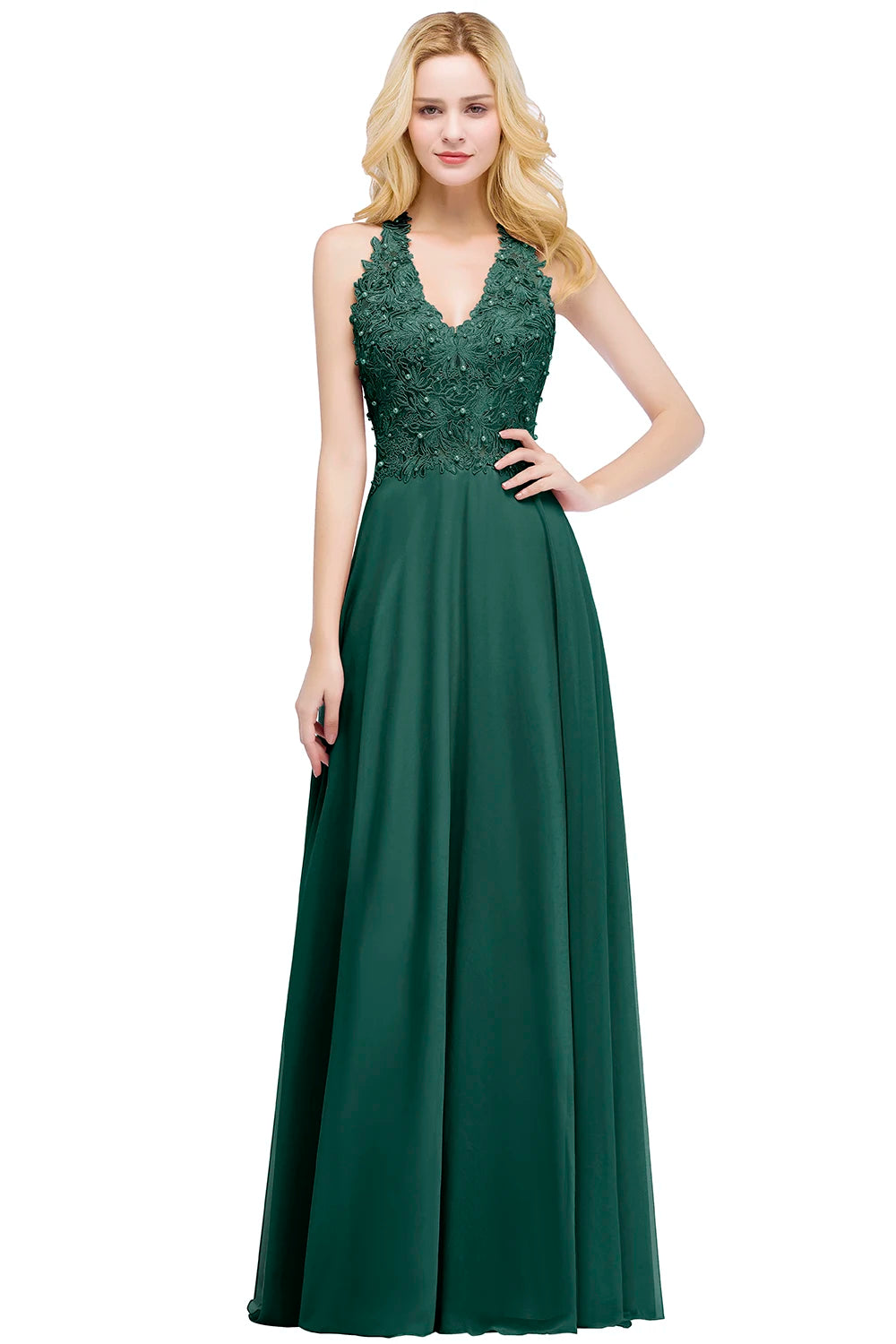 BABYONLINE Halter Neckline Lace Pearls Bodice Bridesmaid Dress Long Floor-length Skirt Chiffon Sexy Open Back Wedding Clothes