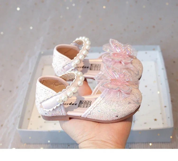 Chic Girls Dress Shoes for Wedding Party Bling Sequins with Rhinestone Butterfly Sweet Princess Chic Kids Flat Shoes Lace Beaded