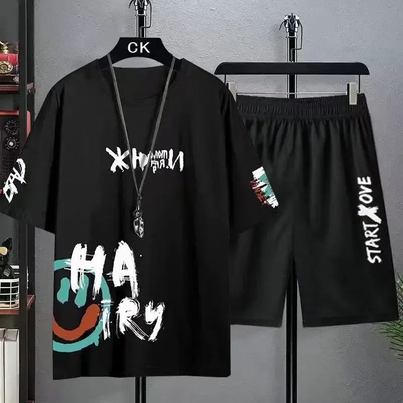 Men's Sets Summer Fashion tracksuits men's clothing Casual Ice Silk Men's Printed T-shirt+Shorts Trend Basketball Set sportswear
