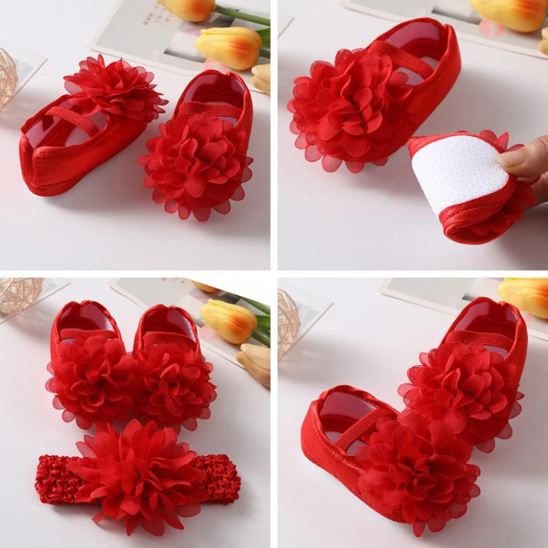 Infant Baby Girls Shoes with Headband Soft Sole Non-slip Flower Princess Wedding Dress Walking Shoes