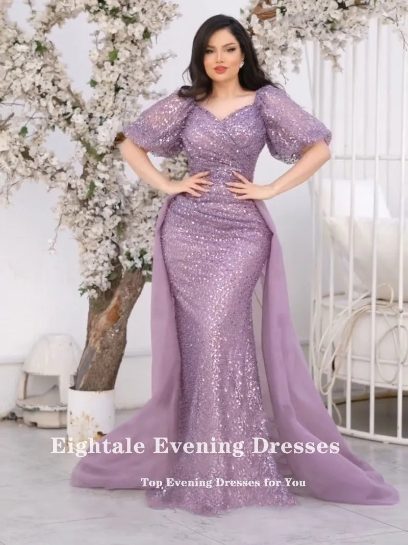 Eightale Violet Evening Dresses V-Neck Short Sleeves Robes De Soirée Sequined Customized Mermaid Prom Gown Wedding Party Dress