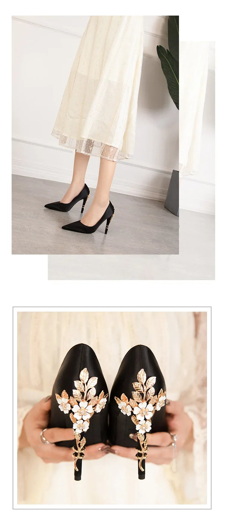 Women's Metal Flowers Stiletto High-heel Shoes Female Light Luxury Sexy Fashion Wedding Shoes Pointed Toe Satin Single Shoes