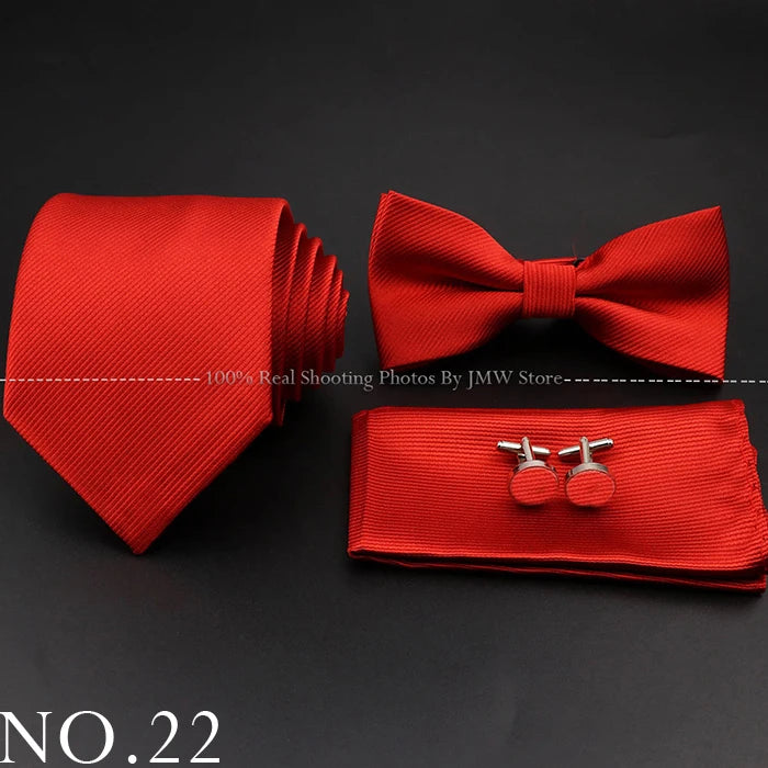Hot Sale Red Blue Tie Set Polyester Slim Striped Necktie Bowtie Cufflink Brooch For Groom Suit Wedding Cravat Shirt Accessory