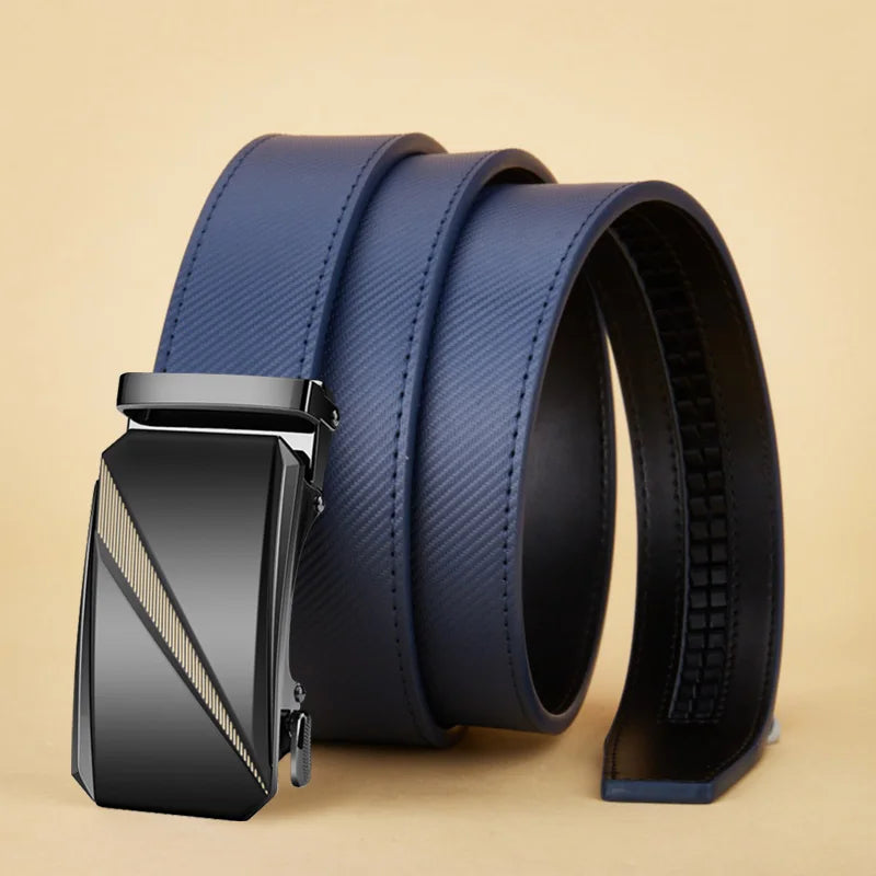 OYIFAN Men's Belt Blue Striped Belt Fashion Jeans Belt Genuine Leather Belt Automatic Buckle Belts