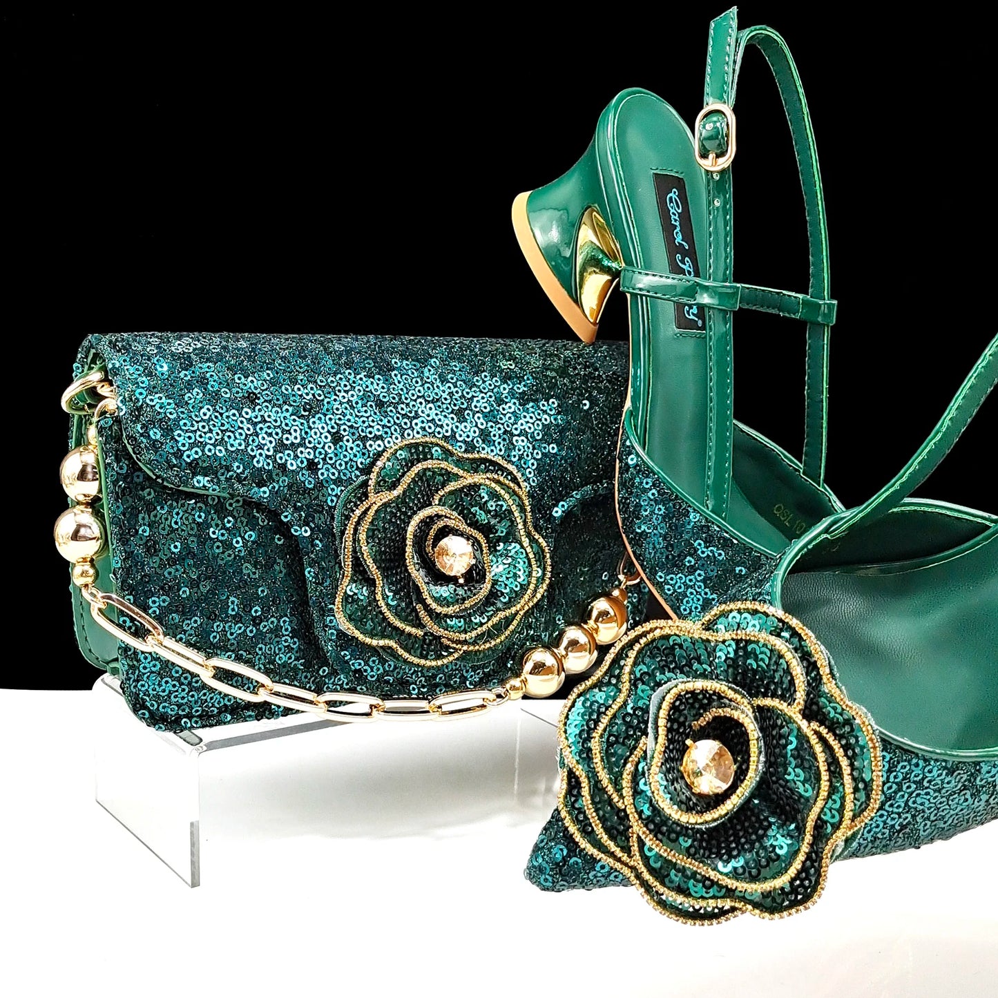 QSGFC Shiny Gold Color Shoes and Bag Elegant Handbags and Medium Heel Shoes Beautiful Handmade Flowers For Wedding Party