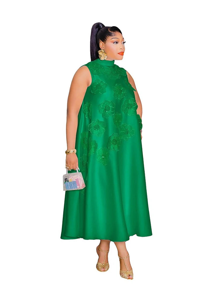 Woman African Traditional Dresses Summer Elegant Sleeveless Dress Stretchy Fake Silk Midi Dresses Luxury Wholesale Dropshipping