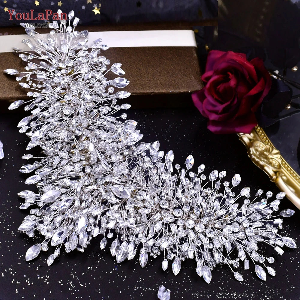 YouLaPan Shiny Crystal Bride Crown Silver Color Bridal Headband Wedding Hair Accessories Pageant Woman Party Headdresses HP372