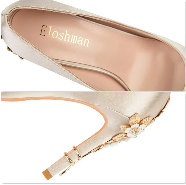 Women's Metal Flowers Stiletto High-heel Shoes Female Light Luxury Sexy Fashion Wedding Shoes Pointed Toe Satin Single Shoes