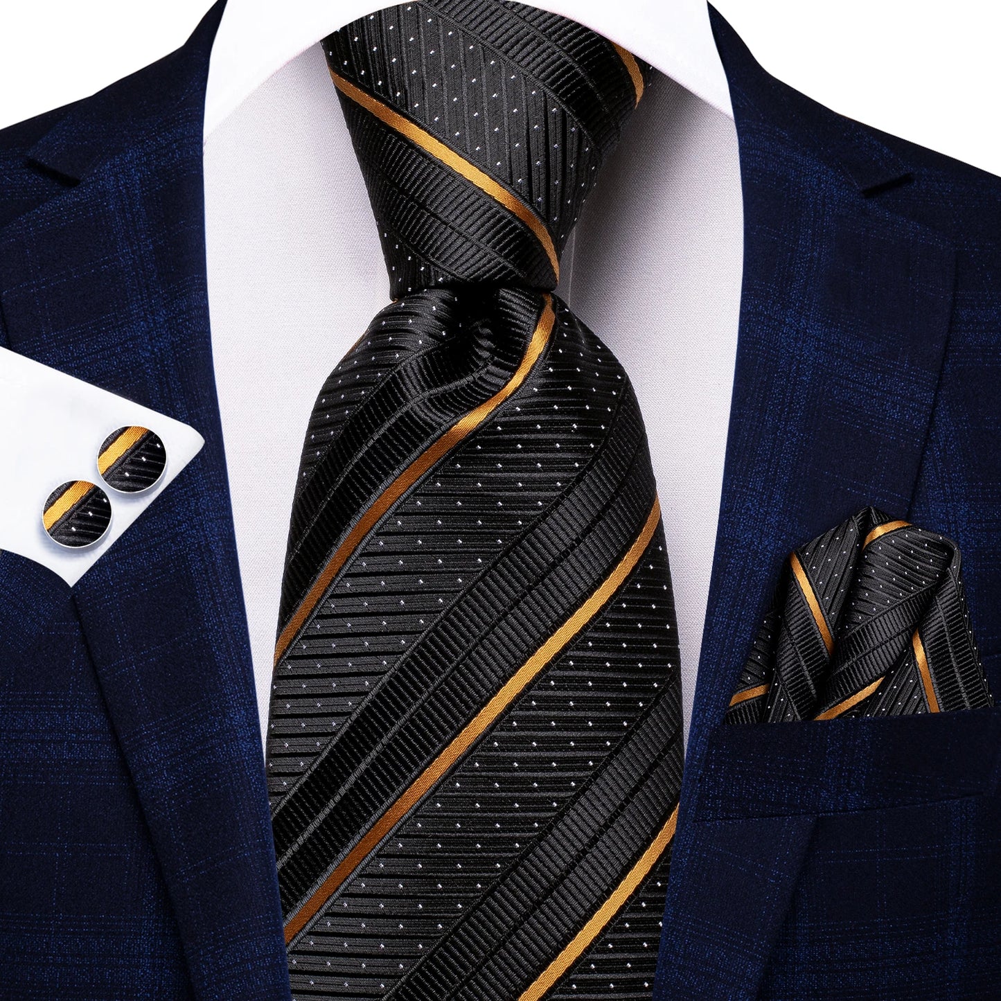 Hi-Tie Striped Black Purple Red Green Men Elegant Necktie Hanky Cufflinks for Tuxedo Fashion Classic Silk Luxury Tie for Man