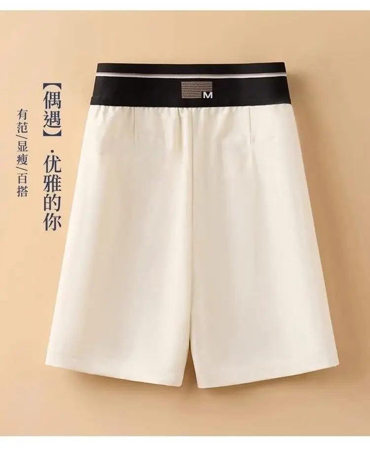 Female Korean Solid Color Spliced Casual Knee Pants Female Summer Fashion All-match High Waist Straight Pants Women's Clothing