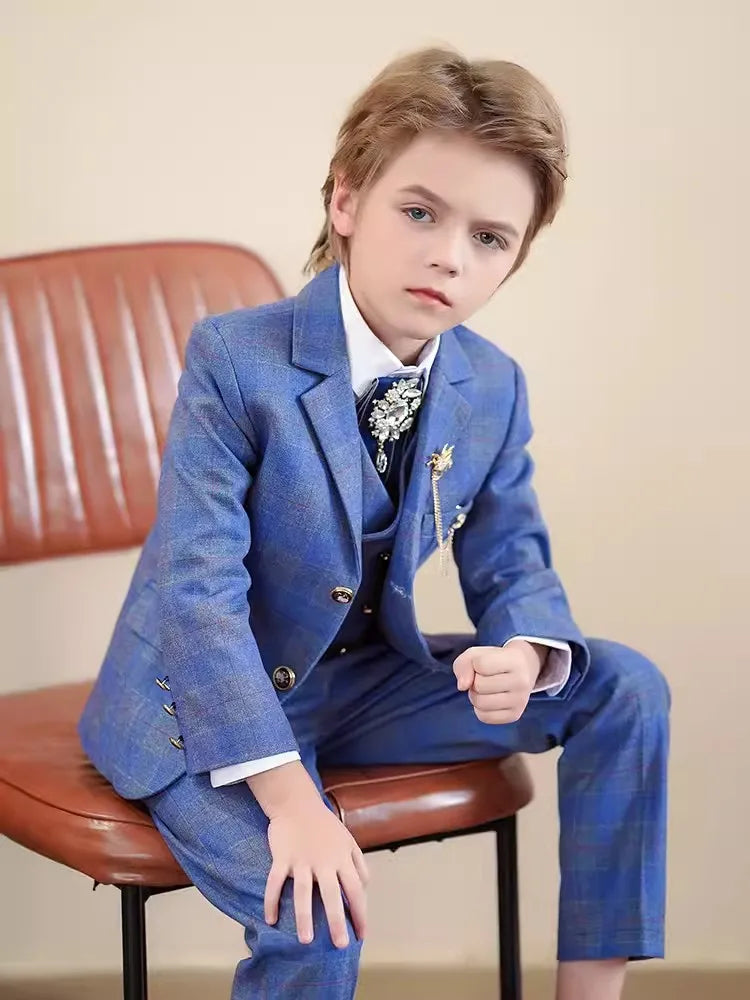 Children Red Jacket Vest Pants 3PCS Photograph Suit Boys Wedding Dress Prince Kids Tuxedo Set Teenager Birthday Party Costume