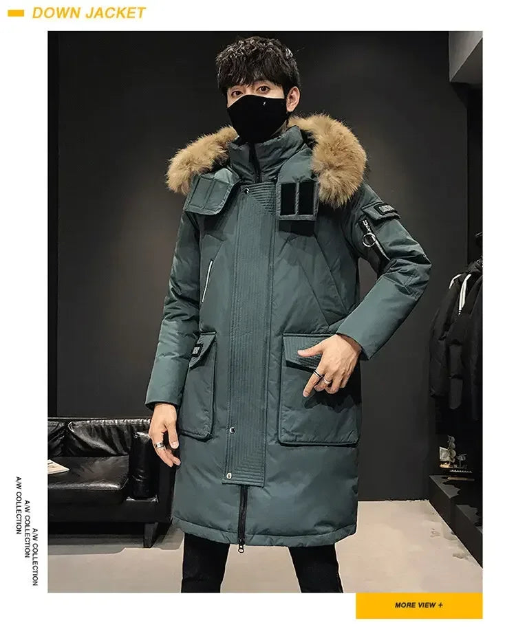 Men's Thickened Down Jacket Hooded Faux Fur Collar Winter Long Parka Jacket Outdoor Street Fashion Jacket Men's Clothing 2024