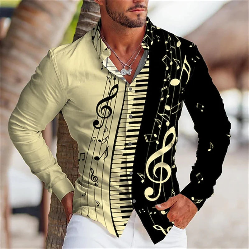 2023 Fashion Men's Shirt Music Note 3D Printing Lapel Button Top Long Sleeve Shirt Clothing Comfortable S-6XL